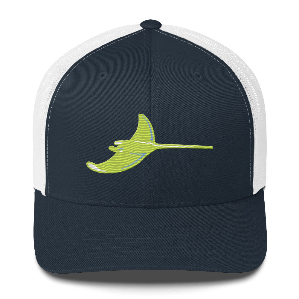 Navy and White Trucker Cap with Bright Yellow Ray