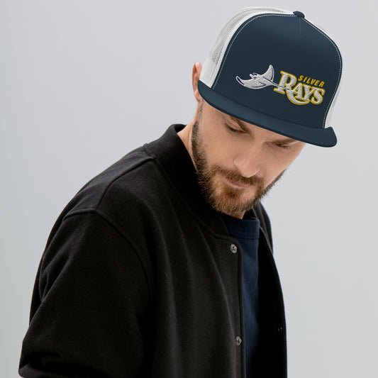 White Silver Rays Embroidered Trucker Cap - Straight Bill
