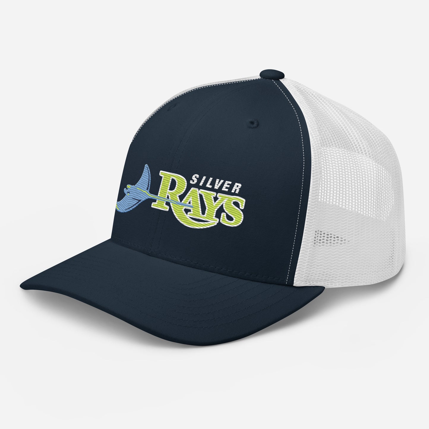 Navy and White Trucker Cap with Bright Yellow and Light blue Silver Rays Logo